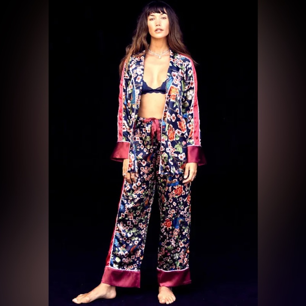 Floral Satin Pajama Set with Burgundy Accents